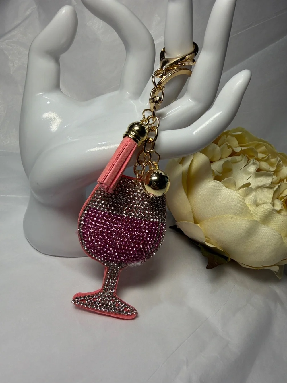 Crystal Wine Glass Keychain with Pink Tassel